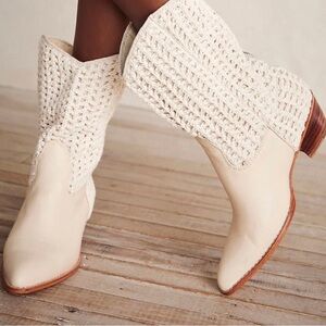Momo New York Cream Crochet Leather Heeled Boots